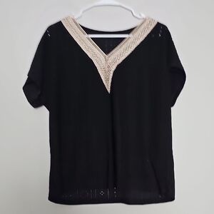 SHEIN Black Top with Cream V-Neck Trim